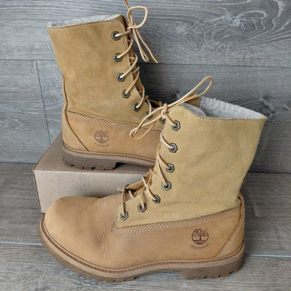 Timberland Teddy Fleece Fold Down Boots Women 7.5 Brown Leather Waterproof 8329R
